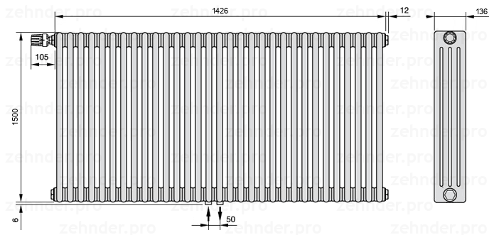 Схема (чертеж) Радиатор Zehnder Charleston 4150/31 №V007 Белый глянцевый RAL 9016